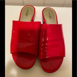East 5th red pattern leather slip on sandals